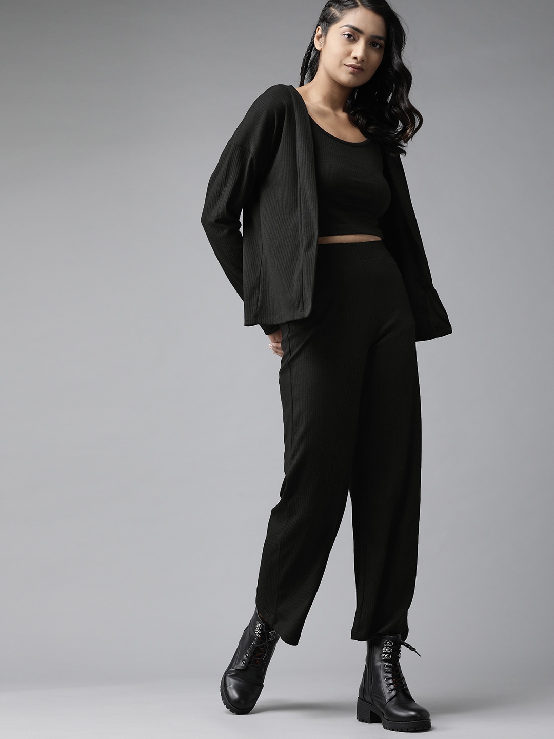 

Roadster Women Black Ribbed Co-Ords