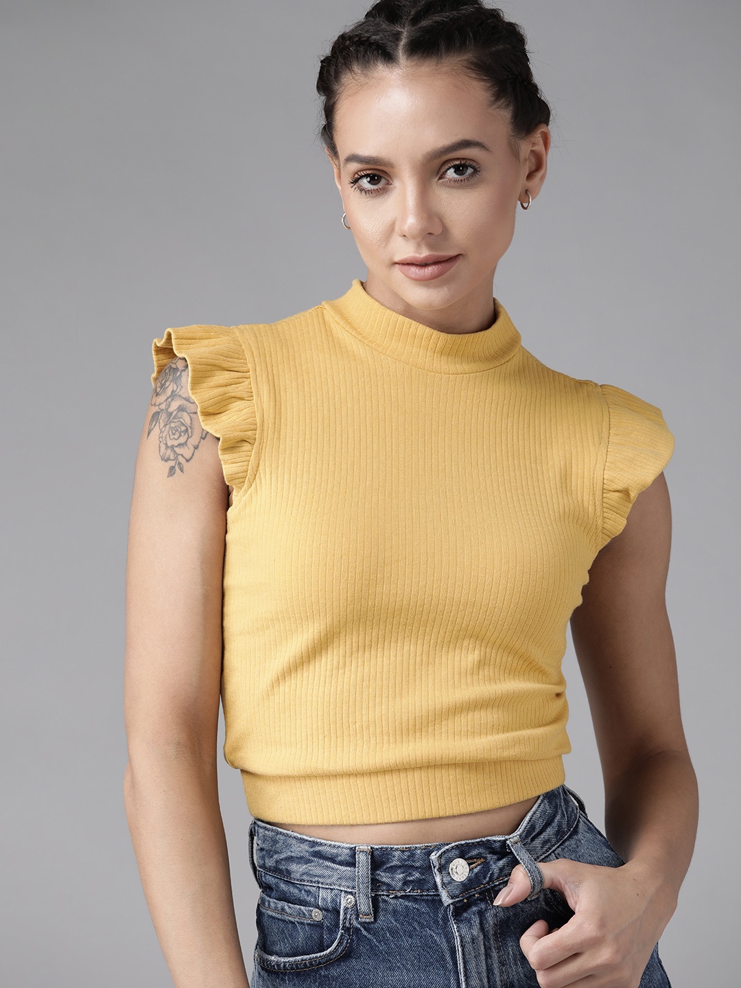 

Roadster Yellow Cap Sleeves Crop Top