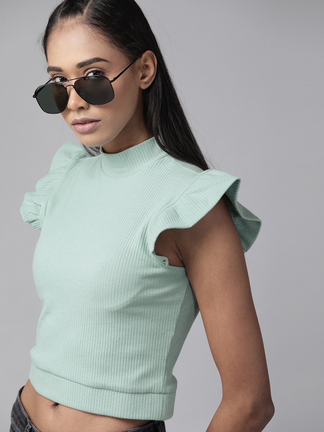 

Roadster Women Green Ribbed Crop Top