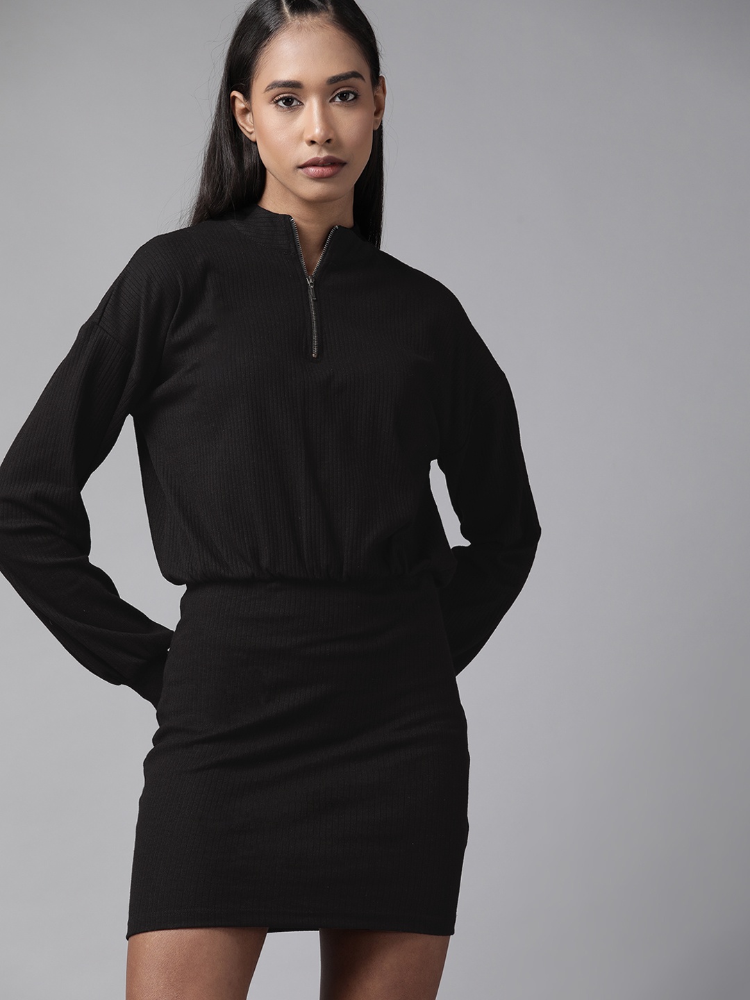 

Roadster Women Black Ribbed Blouson Dress