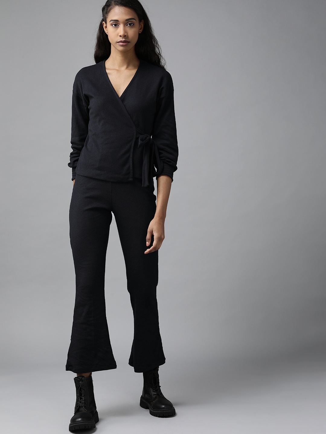 

Roadster Women Black Ribbed Wrap Top with Trousers