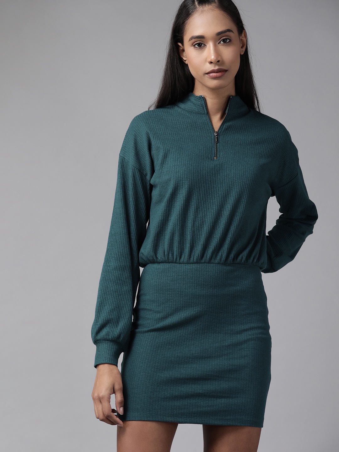 

Roadster Women Teal Green Ribbed Blouson Dress