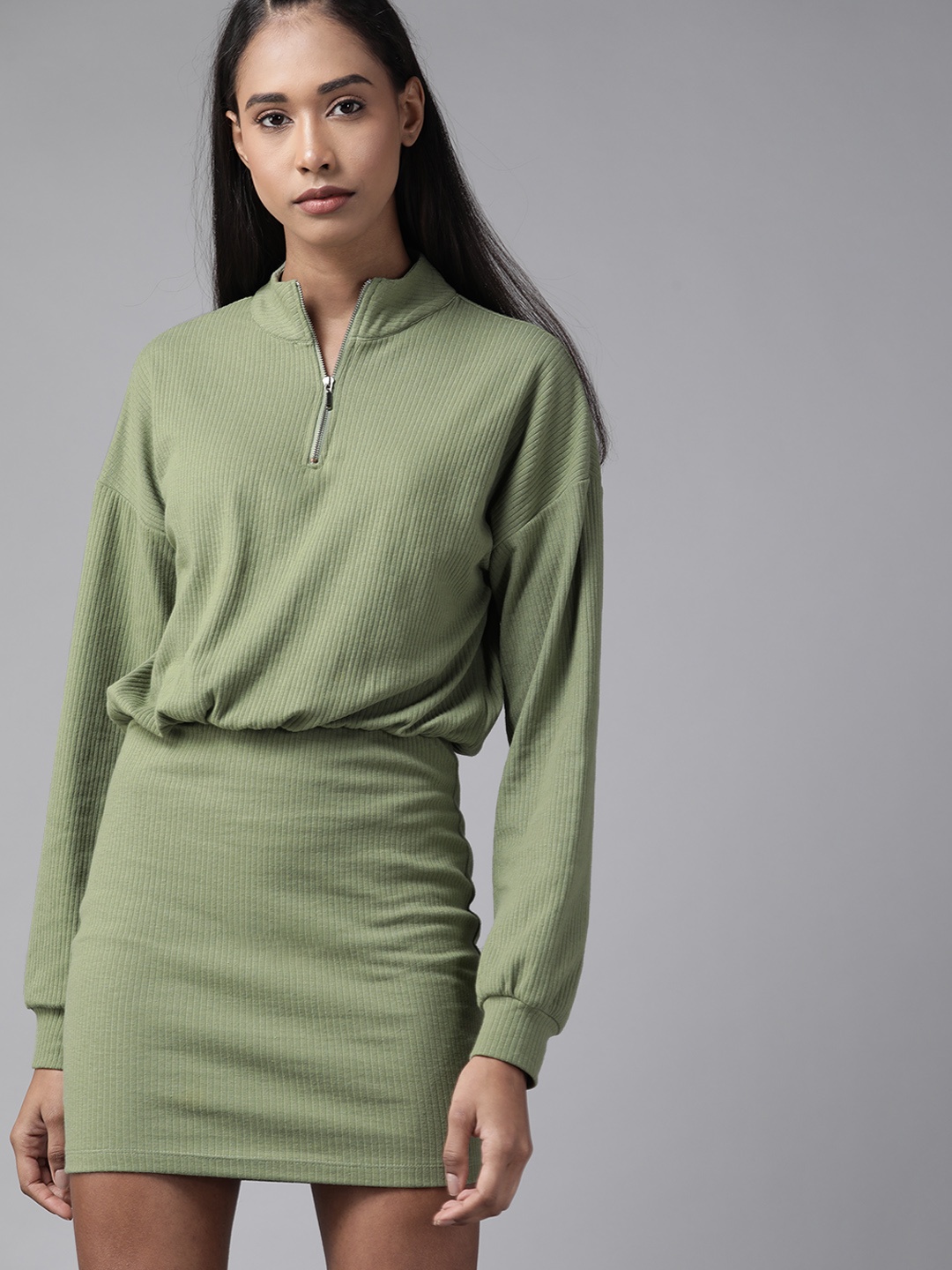 

Roadster Women Green Ribbed Blouson Dress