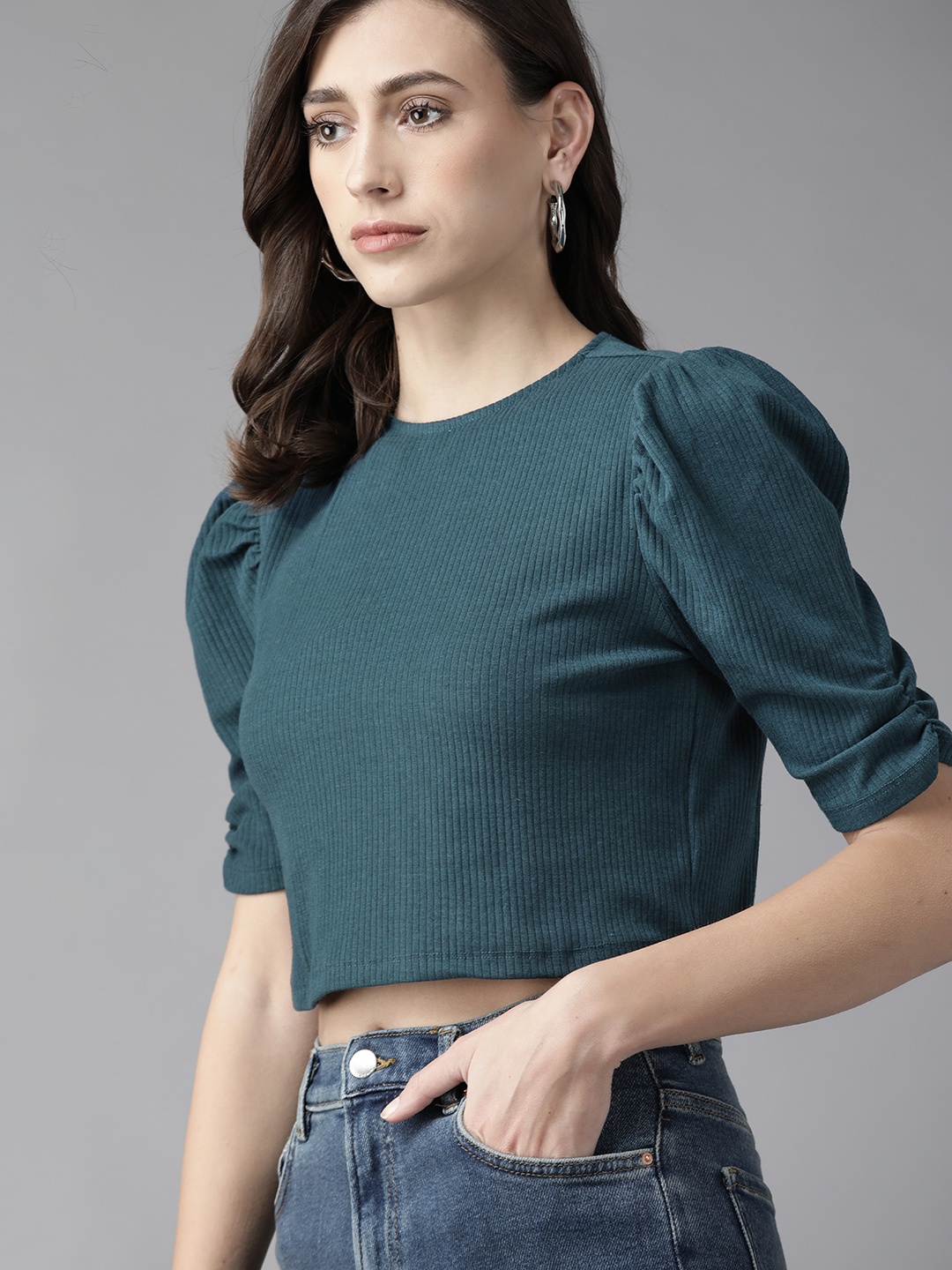 

Roadster Women Teal Blue Ribbed Crop Top With Puff Sleeves