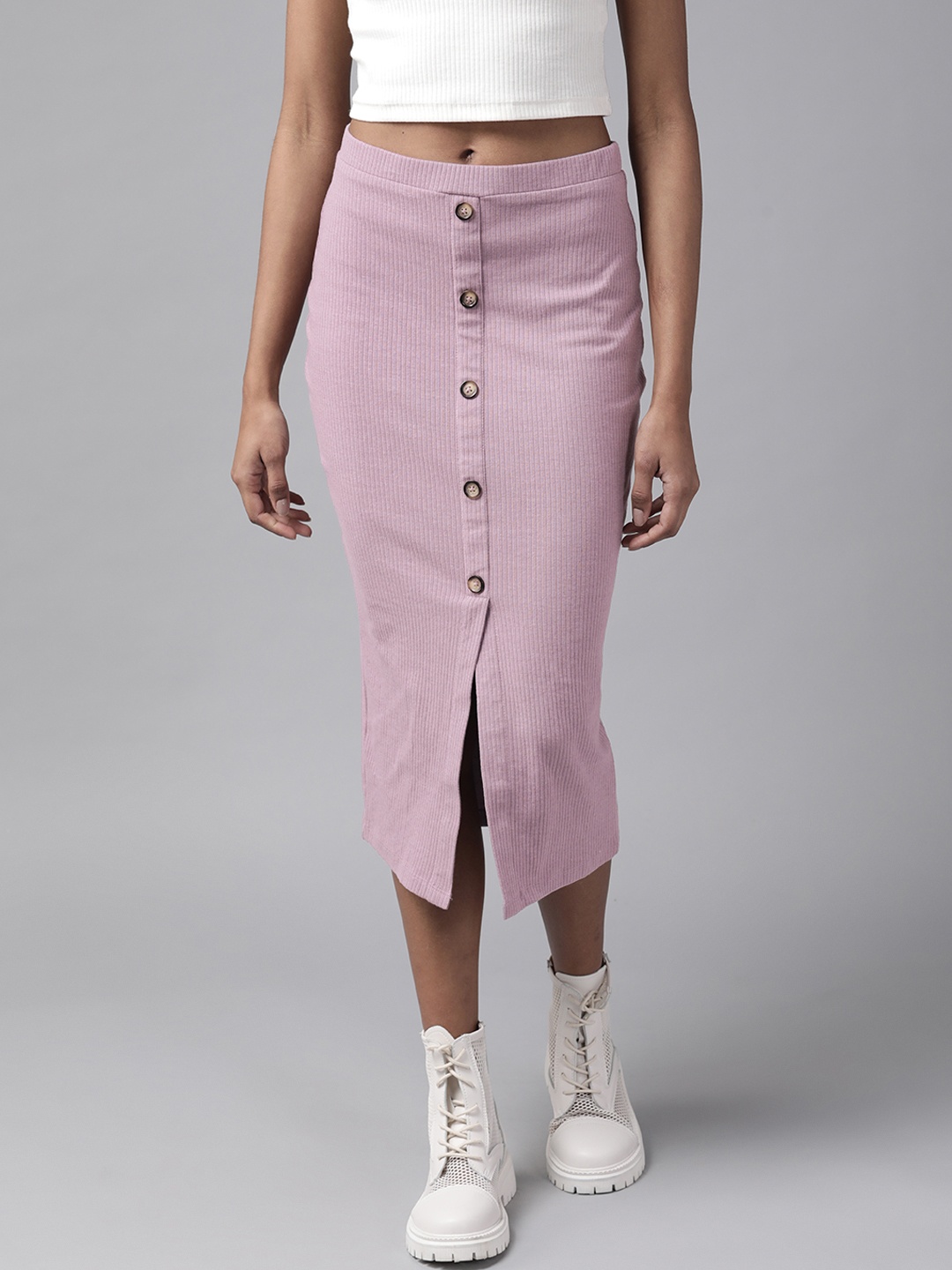 

Roadster Women Lavender Ribbed Pencil Midi Skirt