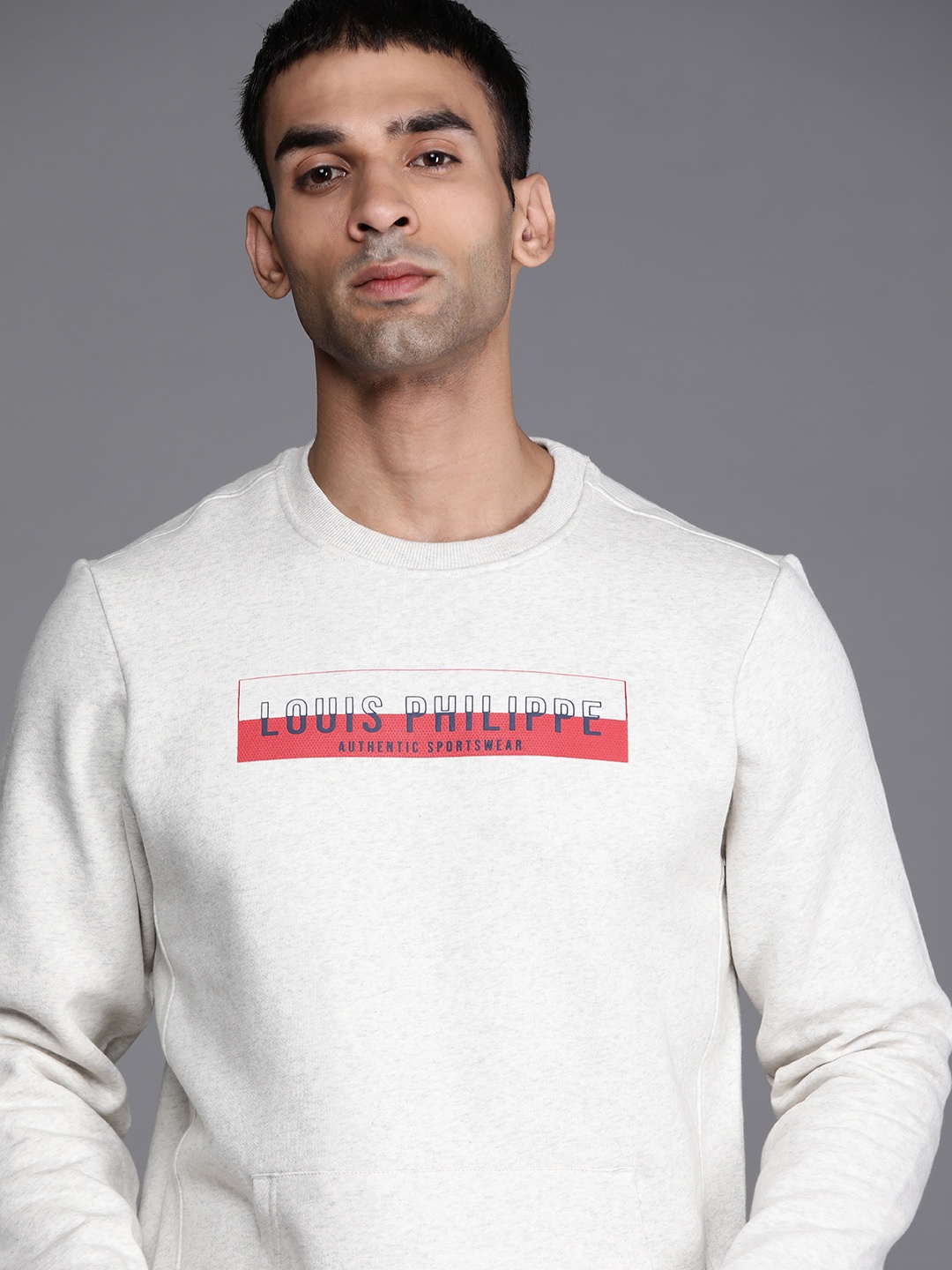 

Louis Philippe Sport Men Off White Brand Logo Printed Melange Effect Sweatshirt