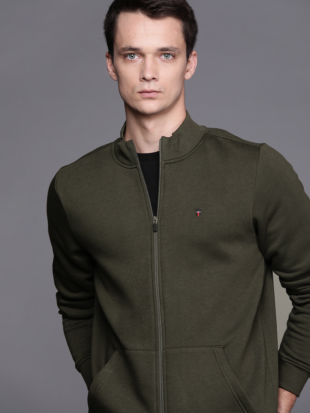 

Louis Philippe Sport Men Olive Green Solid Front-Open Sweatshirt