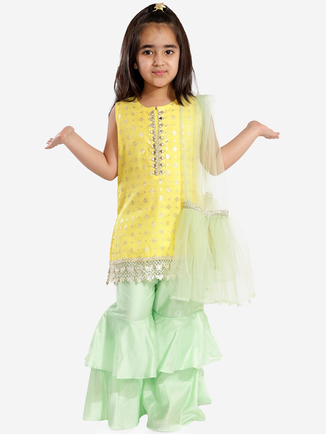 

LIL DRAMA Girls Yellow Floral Printed Regular Kurta with Sharara & With Dupatta