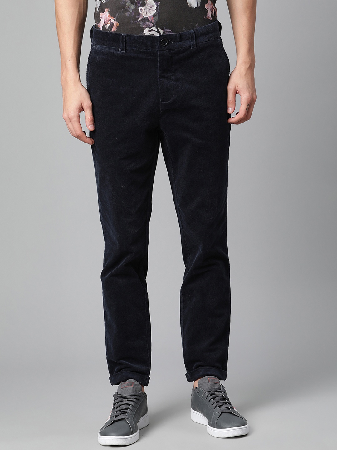 

Matinique Men Navy Blue Mid Rise Corduroy Trousers