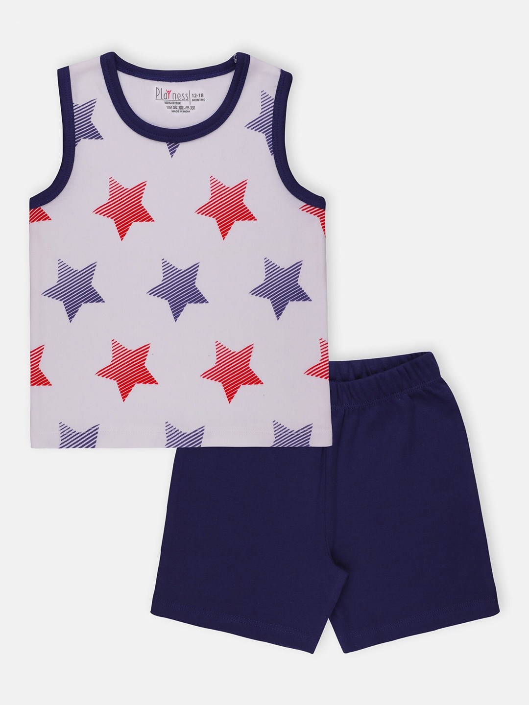 

PLAYNESS Girls White & Navy Blue Printed T-shirt with Shorts