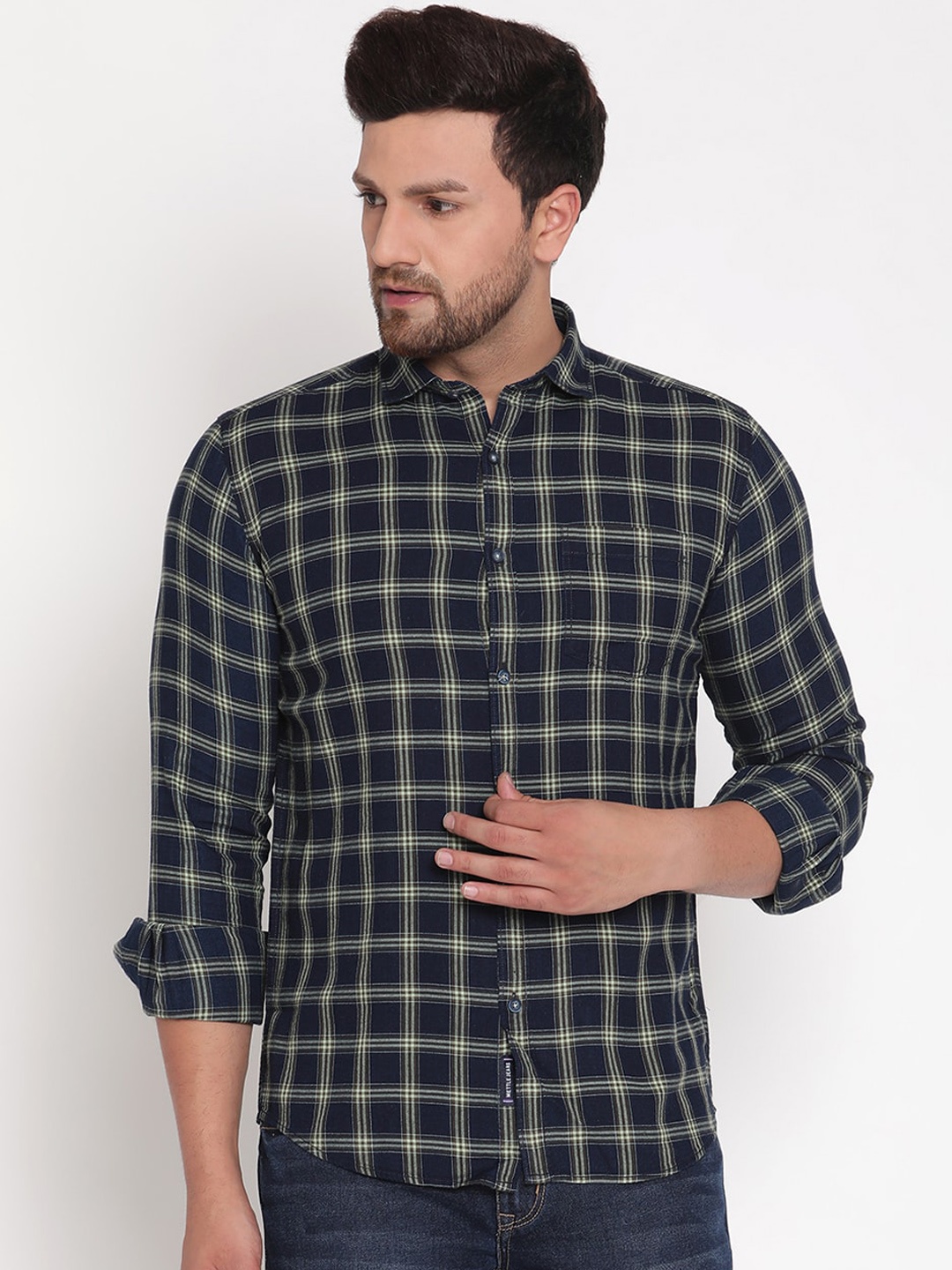 

METTLE Men Olive Green & Navy Blue Opaque Checked Casual Shirt