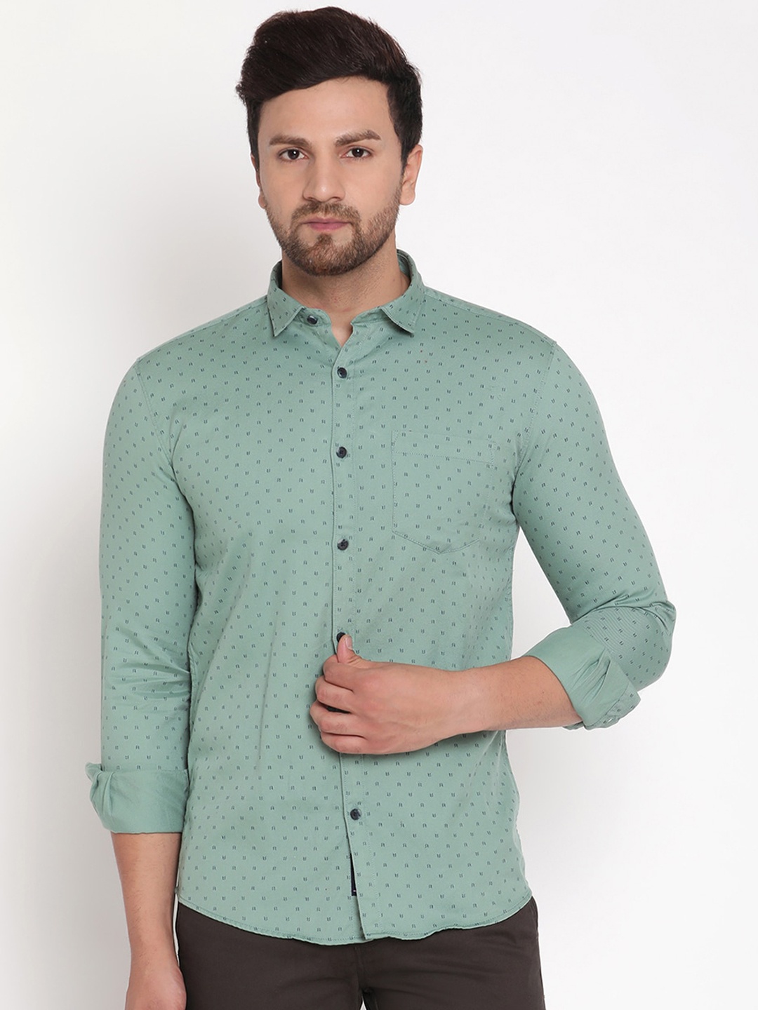 

METTLE Men Green Opaque Micro Ditsy Printed Casual Shirt