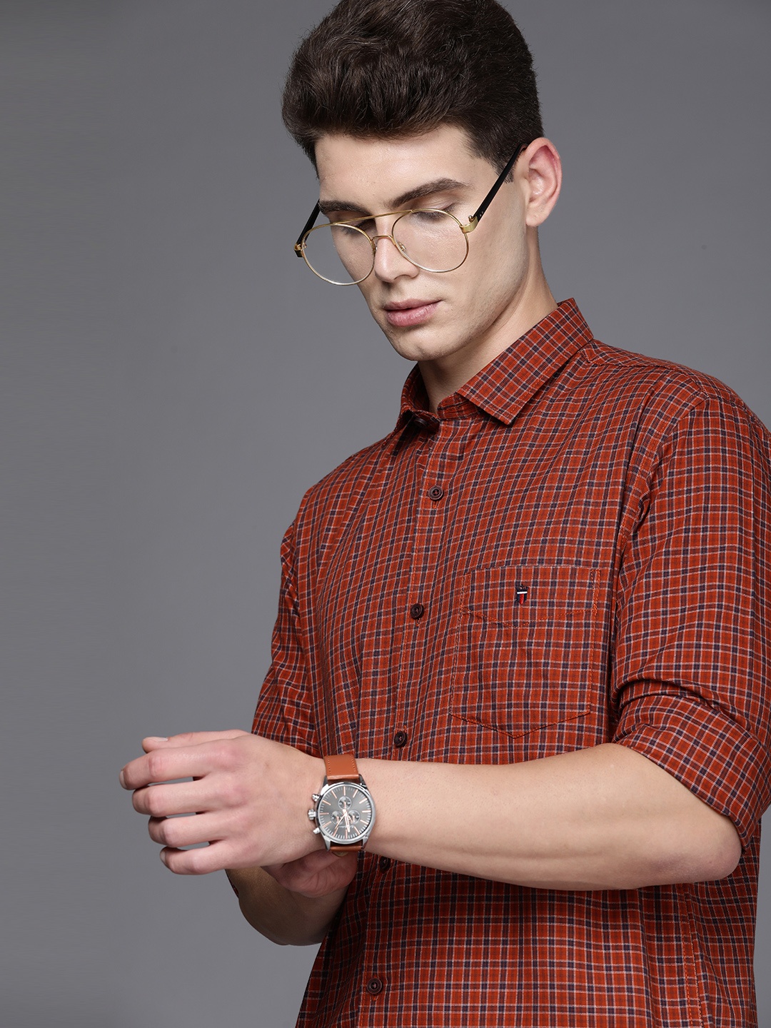 

Louis Philippe Sport Men Rust Orange & Blue Cotton Slim Fit Checked Smart Casual Shirt
