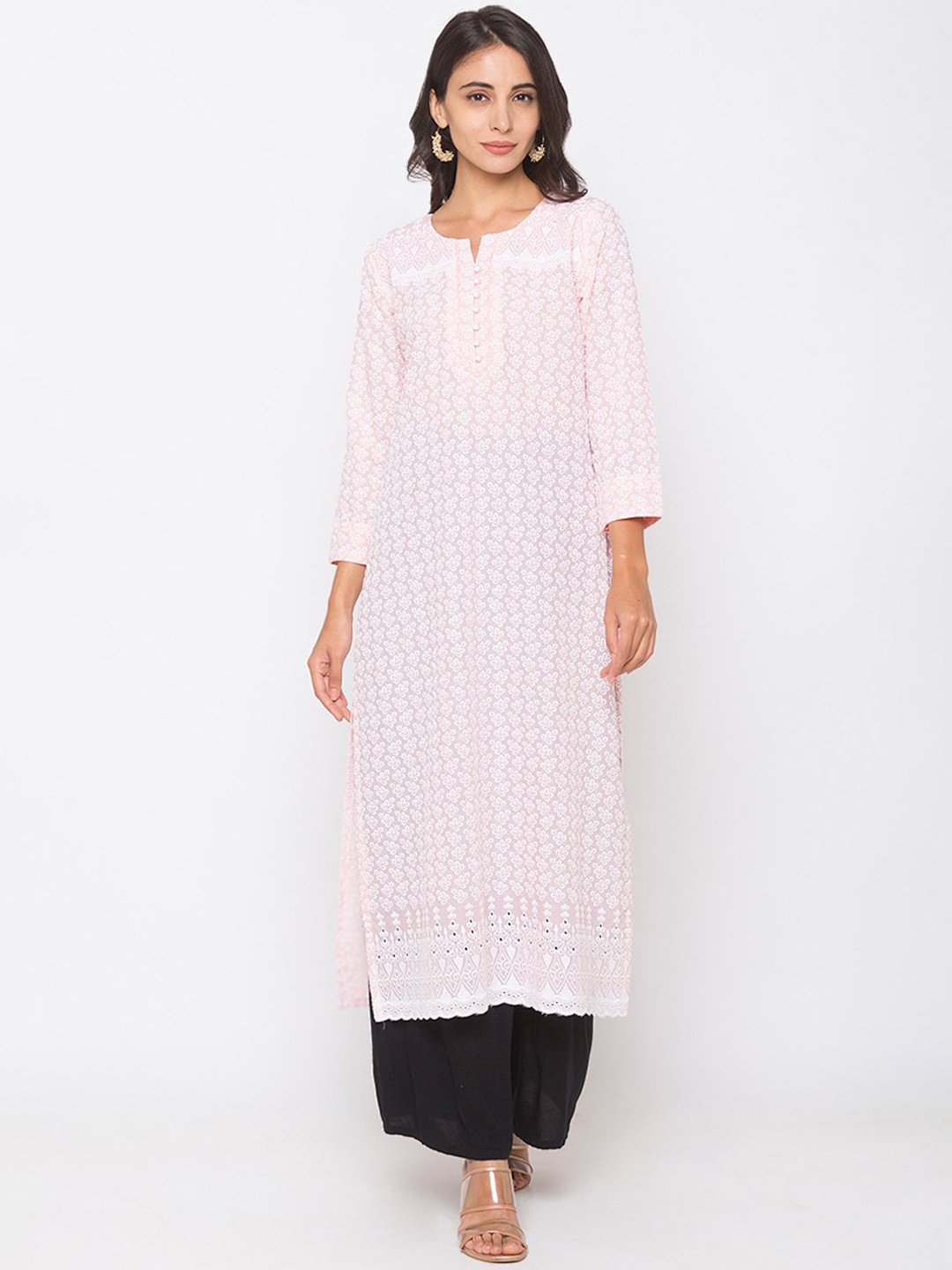 

ZOLA Women Peach-Coloured & White Floral Hand Embroidered Chikankari Cotton Straight Kurta
