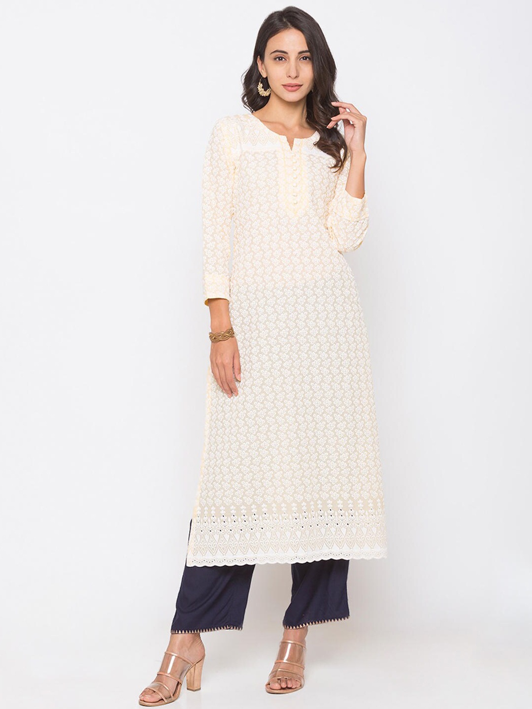 

ZOLA Women Yellow & White Floral Hand Embroidered Chikankari Cotton Straight Kurta