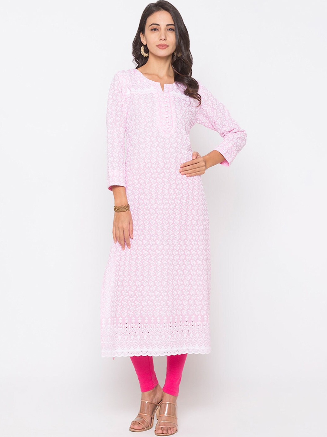 

ZOLA Women Pink & White Floral Hand Embroidered Chikankari Cotton Straight Kurta