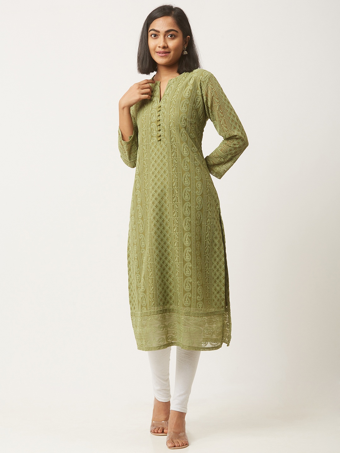 

ZOLA Women Paisley Embroidered Lucknowi Chikankari Georgette Straight Kurta, Olive