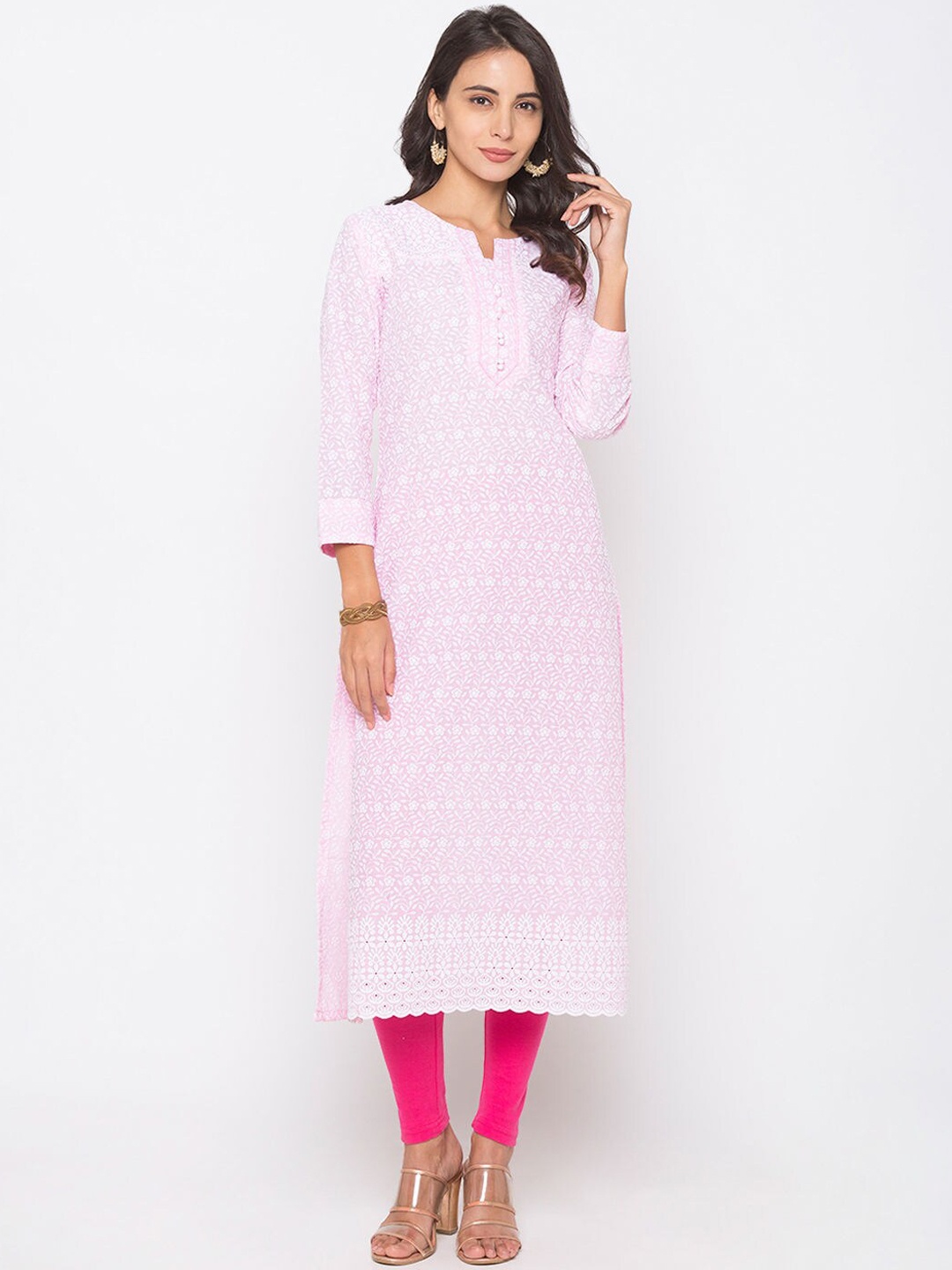 

ZOLA Women Pink & White Floral Hand Embroidered Chikankari Cotton Straight Kurta