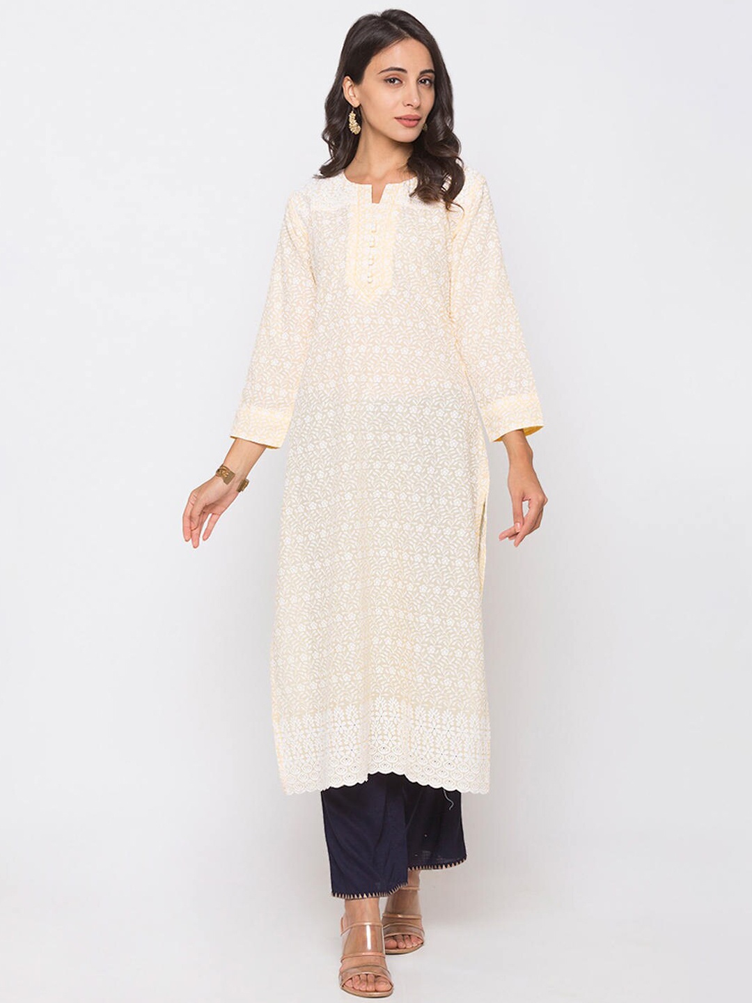 

ZOLA Women Yellow & White Floral Hand Embroidered Chikankari Straight Kurta