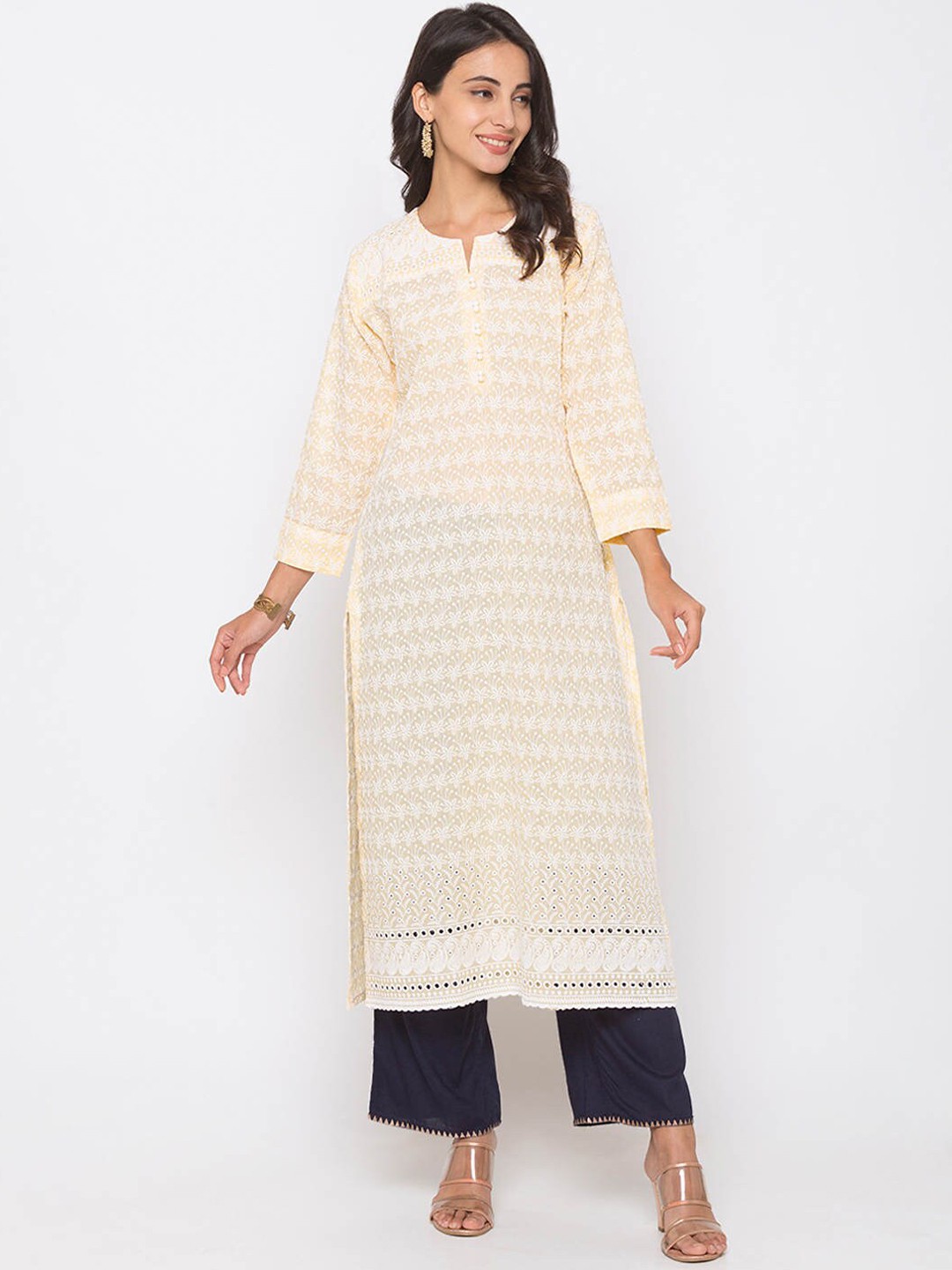 

ZOLA Women Yellow & White Paisley Hand Embroidered Chikankari Pastels Straight Kurta