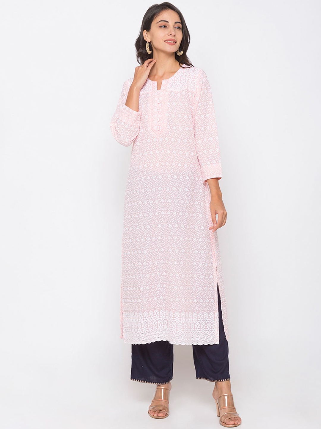 

ZOLA Women Peach-Coloured & White Ethnic Motifs Embroidered Chikankari Kurta