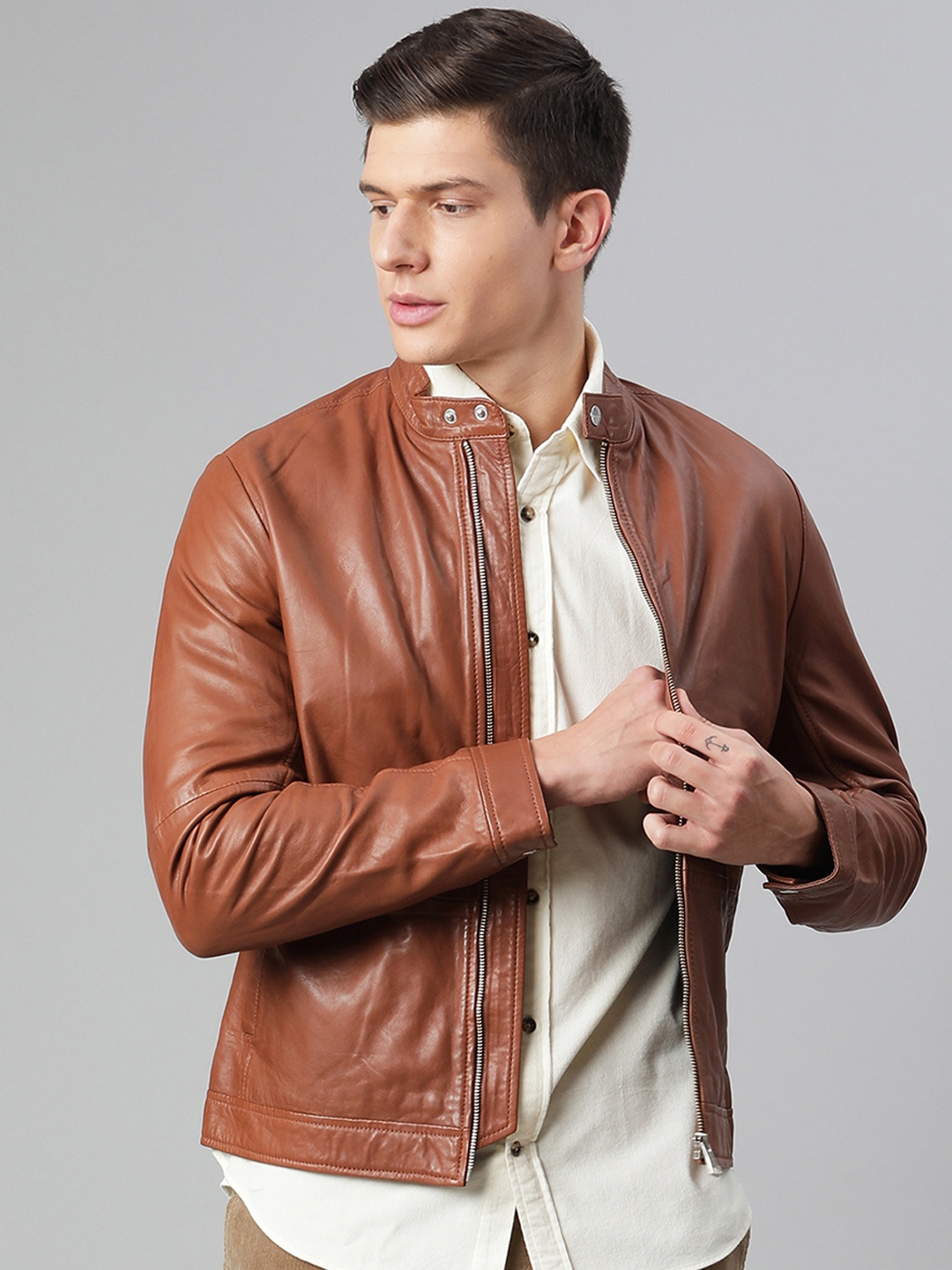 

Matinique Men Brown Mandarin Collar Leather Biker Jacket