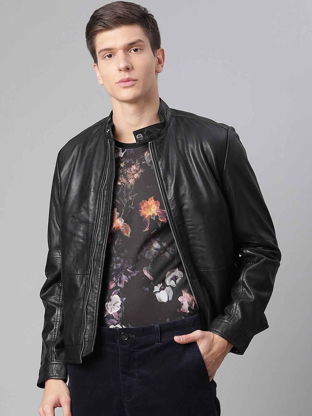 

Matinique Men Black Mandarin Collar Leather Biker Jacket