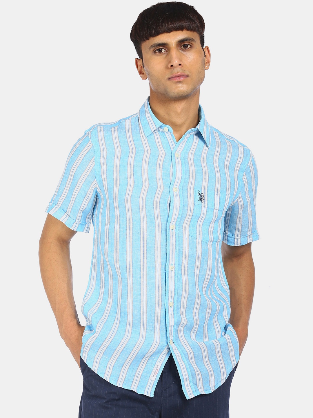 

U S Polo Assn Men Blue Opaque Striped Casual Shirt
