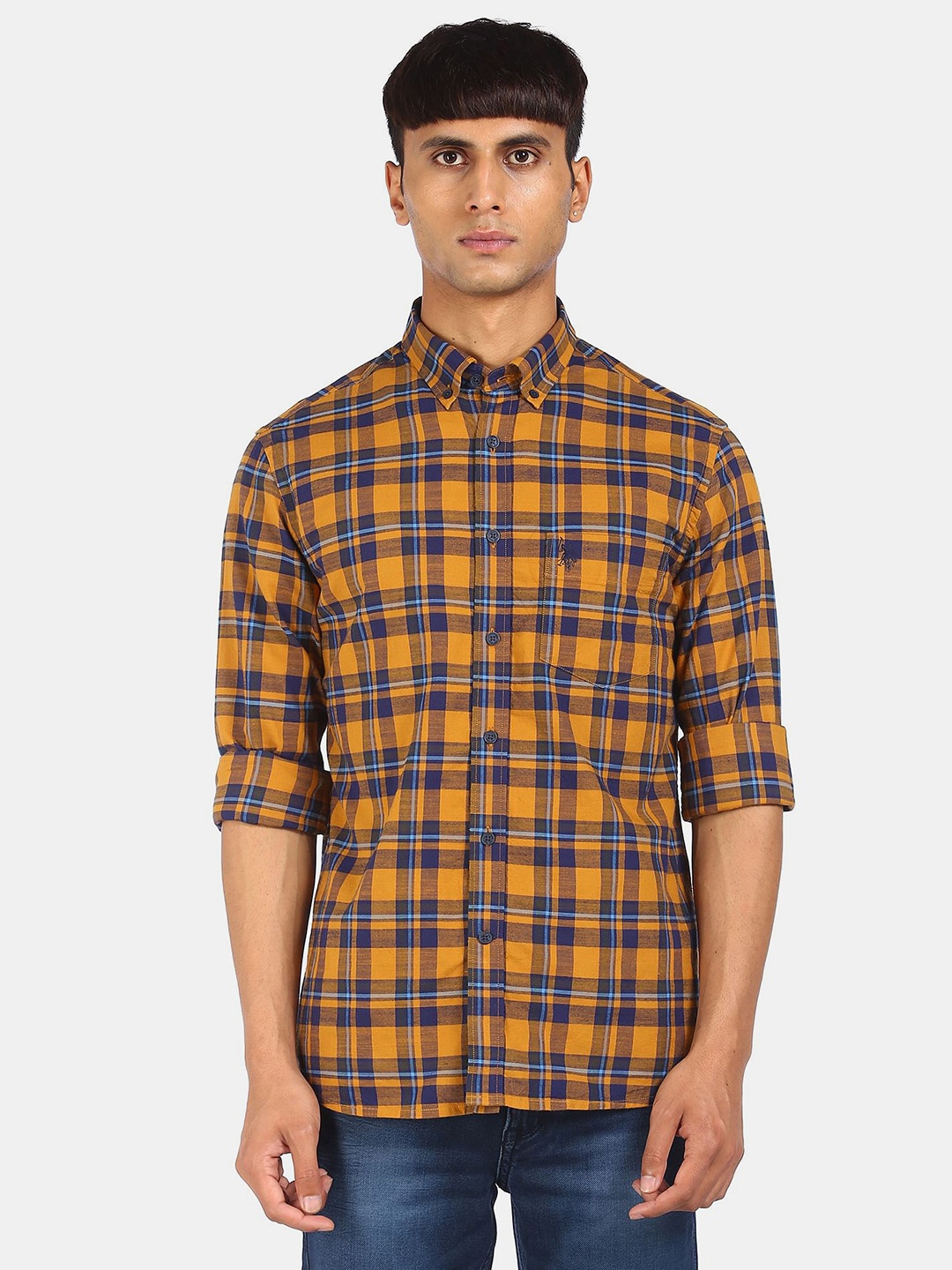 

U S Polo Assn Men Mustard & Navy Blue Tartan Checked Pure Cotton Opaque Casual Shirt