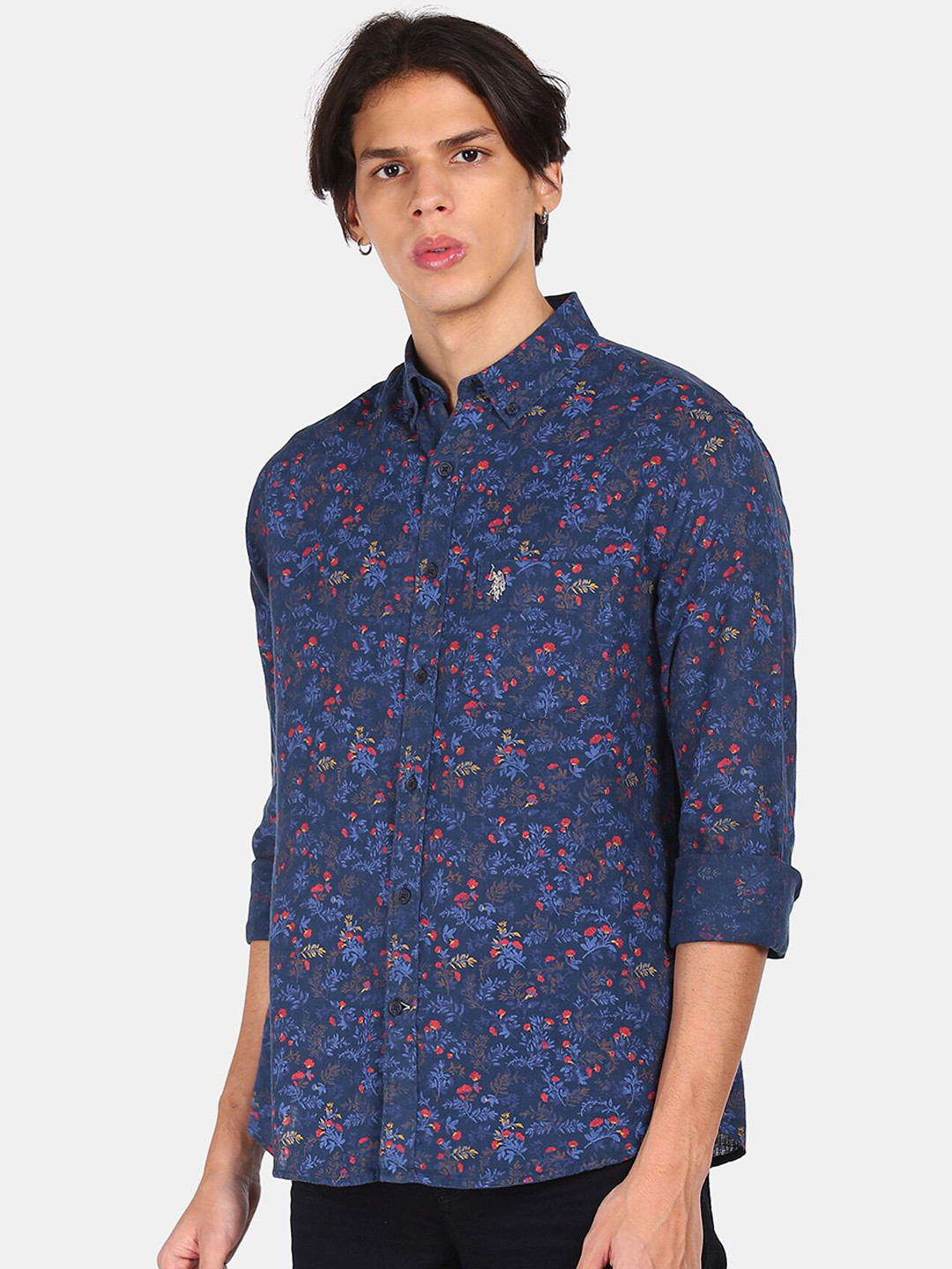 

U S Polo Assn Men Blue Floral Opaque Printed Pure Linen Casual Shirt