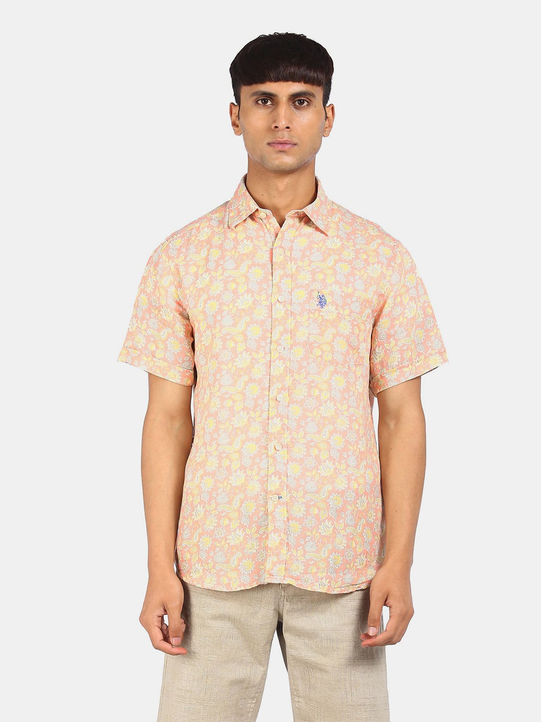 

U S Polo Assn Men Coral Floral Opaque Printed Casual Shirt