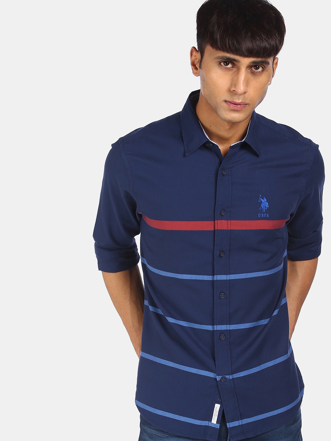 

U S Polo Assn Men Blue Horizontal Stripes Opaque Striped Casual Shirt