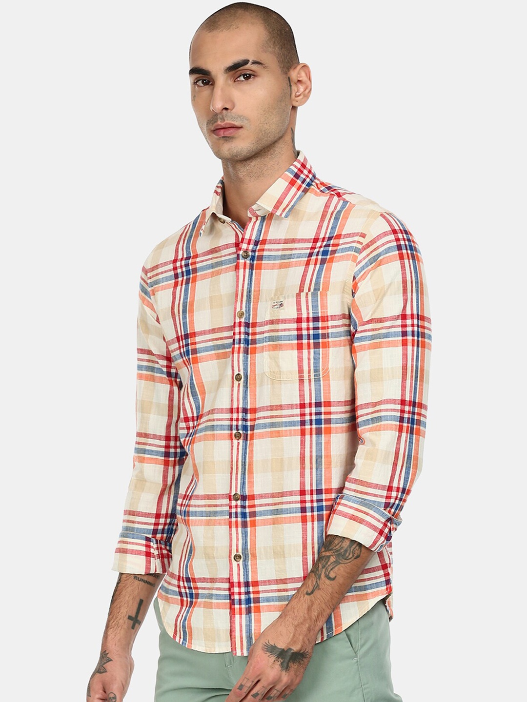 

U.S. Polo Assn. Denim Co. Men Orange Tartan Checks Checked Pure Cotton Casual Shirt