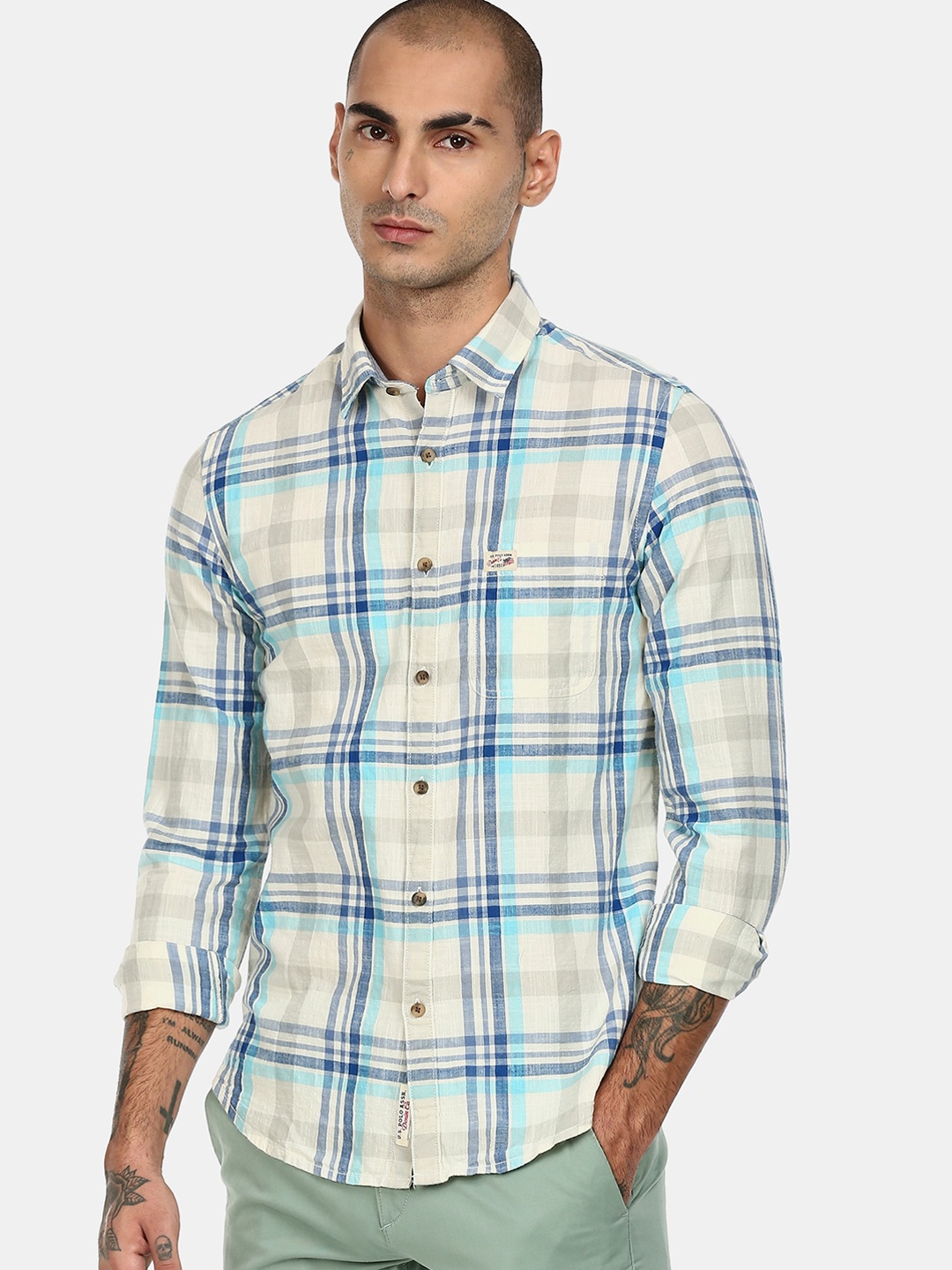 

U.S. Polo Assn. Denim Co. Men Blue Tartan Checks Checked Pure Cotton Casual Shirt