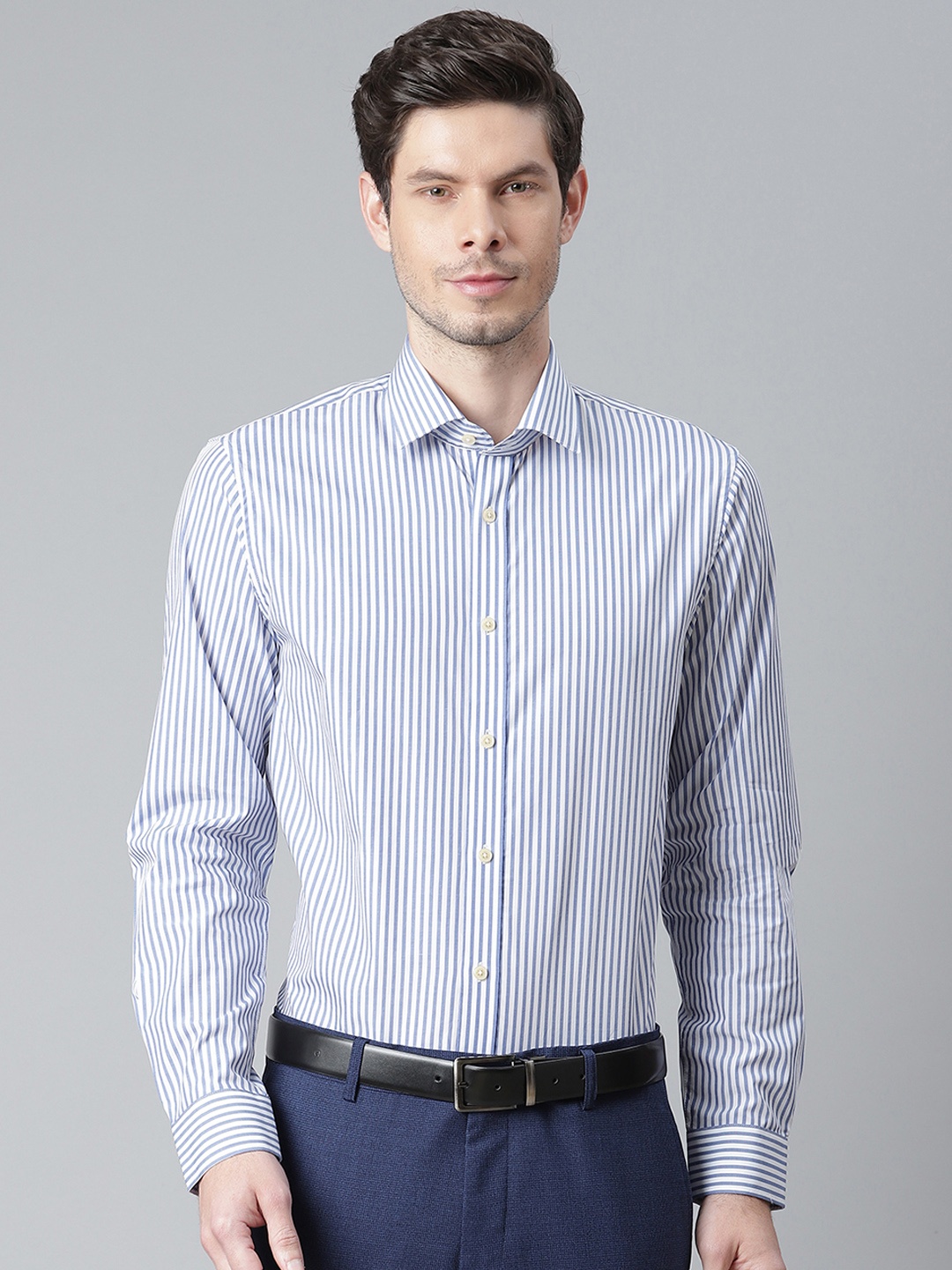 

Matinique Men Blue Opaque Striped Formal Shirt