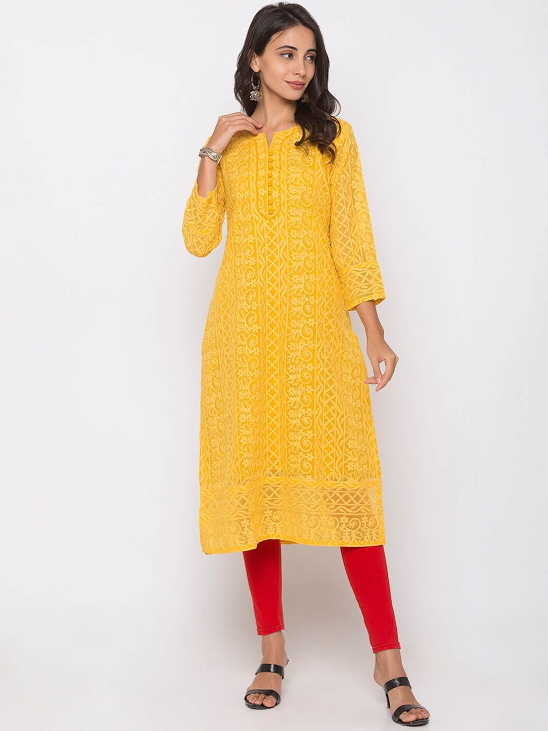 

ZOLA Women Yellow Ethnic Motifs Embroidered Chikankari Kurta
