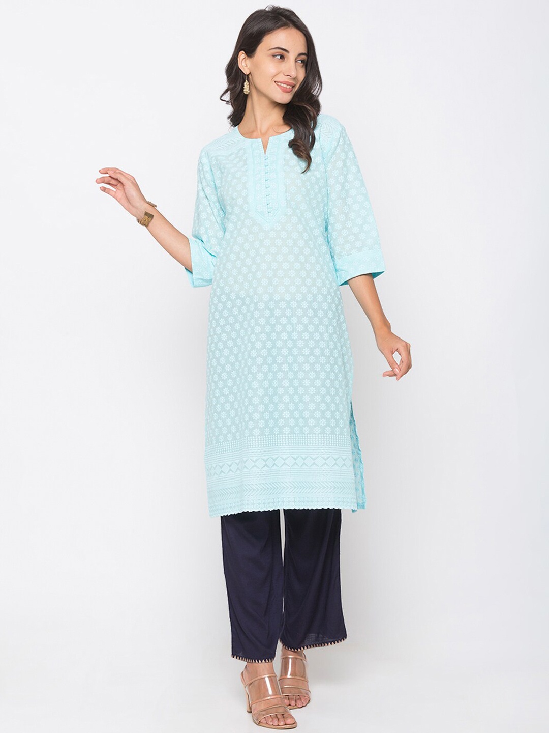 

ZOLA Women Turquoise Blue Ethnic Motifs Embroidered Chikankari Kurta