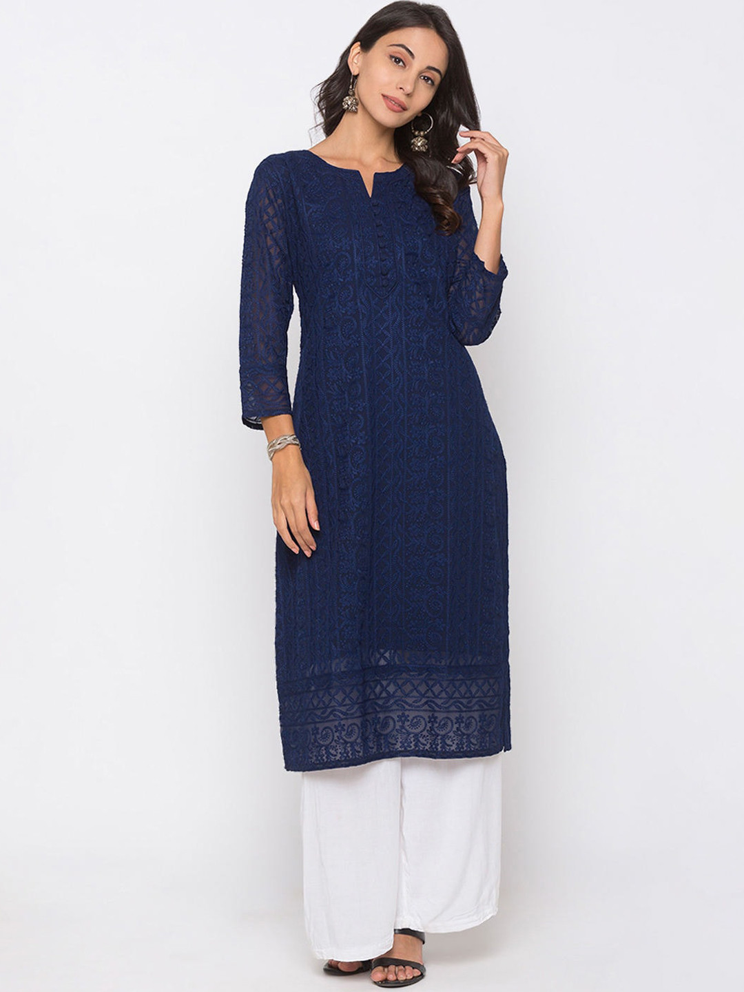 

ZOLA Women Navy Blue Embroidered Chikankari Kurta