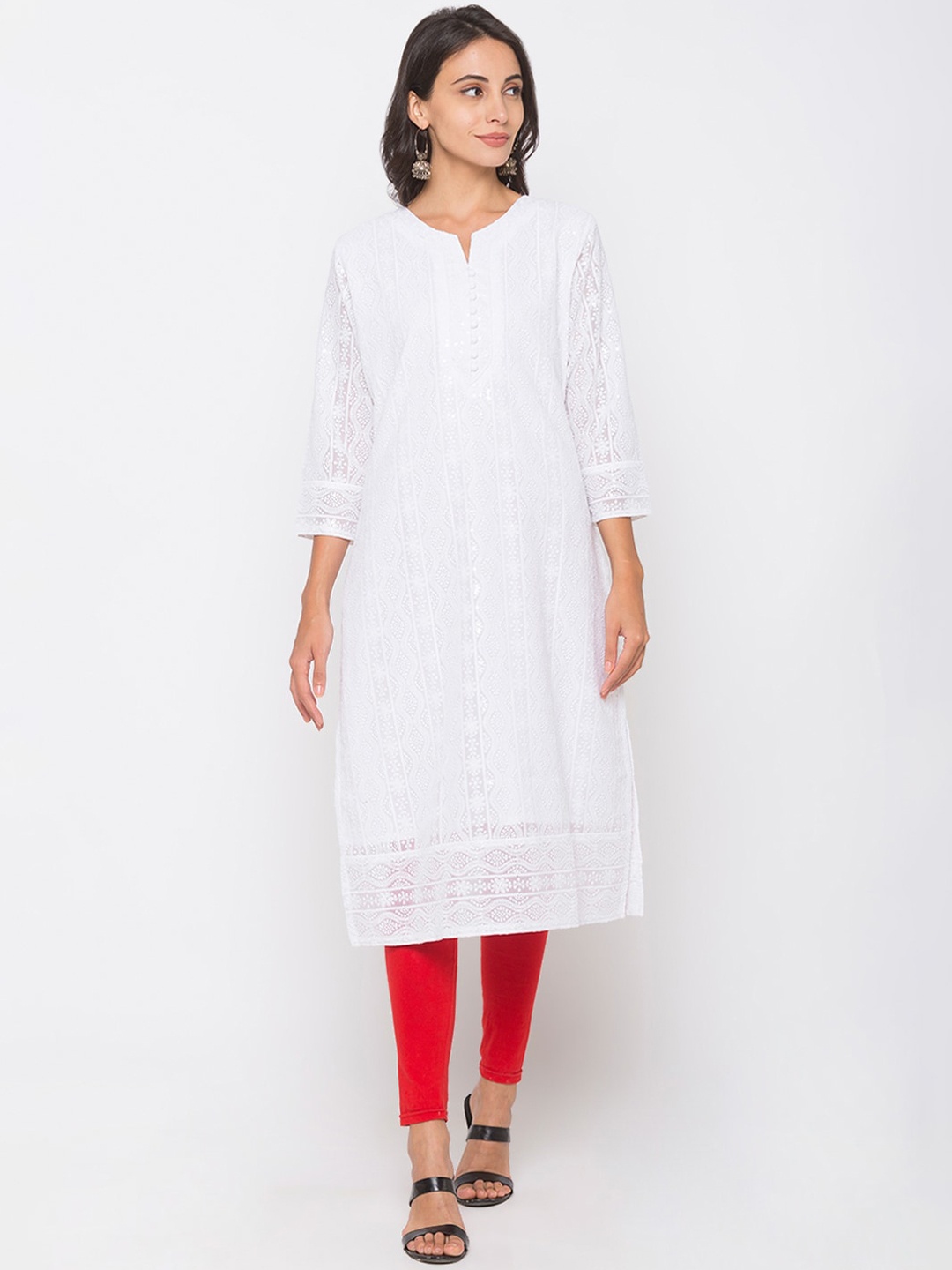 

ZOLA Women White Ethnic Motifs Embroidered Chikankari Georgette Kurta