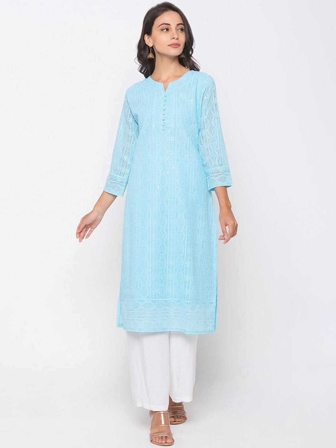 

ZOLA Women Turquoise Blue Ethnic Motifs Embroidered Chikankari Kurta
