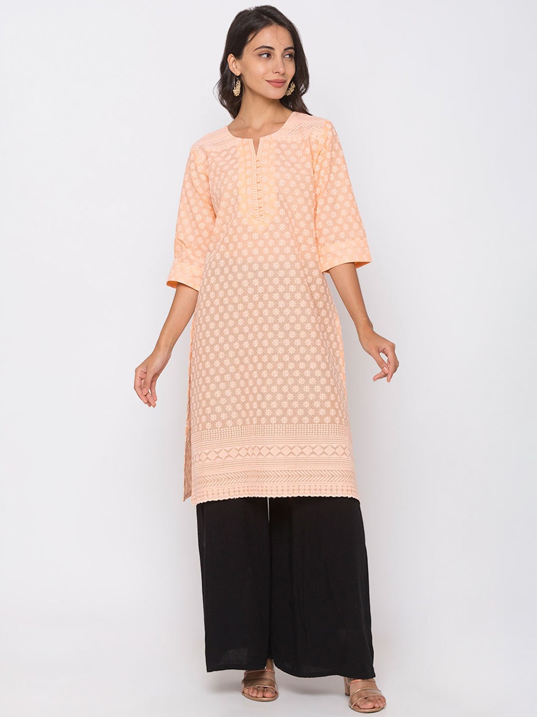 

ZOLA Women Peach-Coloured Ethnic Motifs Embroidered Chikankari Kurta