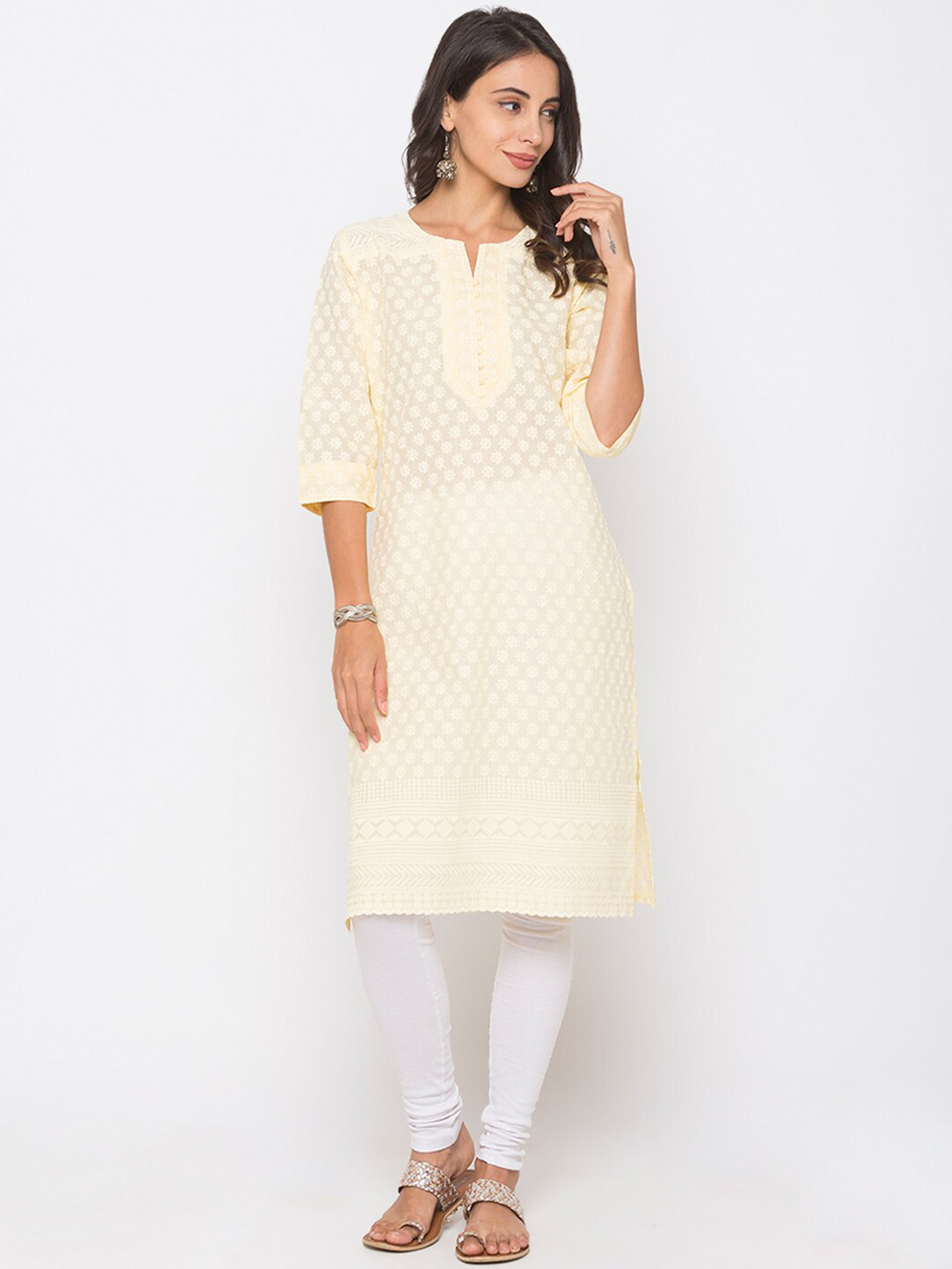

ZOLA Women Yellow Ethnic Motifs Embroidered Chikankari Kurta