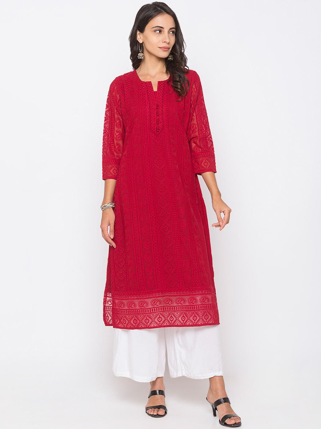 

ZOLA Women Maroon Pure Georgette Ethnic Motifs Embroidered Keyhole Neck Chikankari Kurta