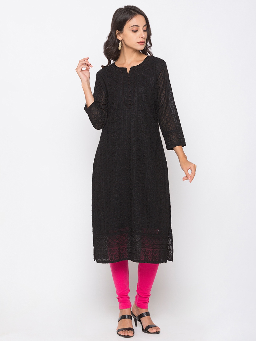 

ZOLA Women Black Georgette Lucknow Chikankari Embroidered Straight Kurta