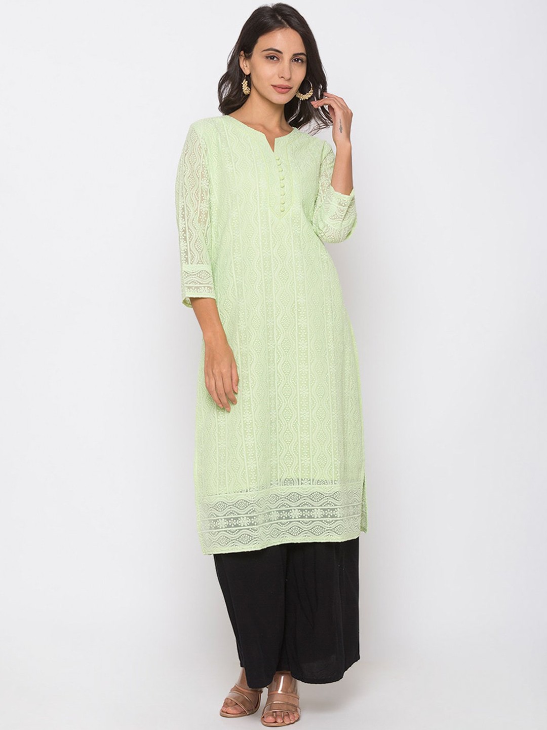 

ZOLA Women Pista Green Georgette Lucknow Chikankari Embroidered Straight Kurta