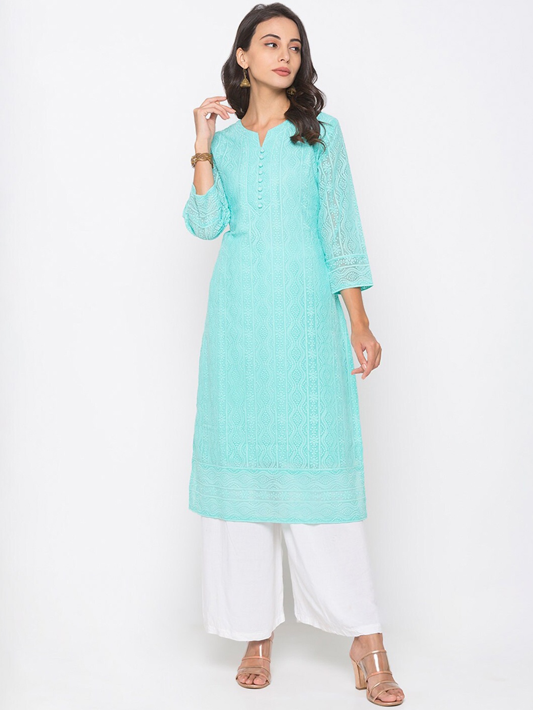 

ZOLA Women Sea Green Georgette Lucknow Chikankari Embroidered Straight Kurta