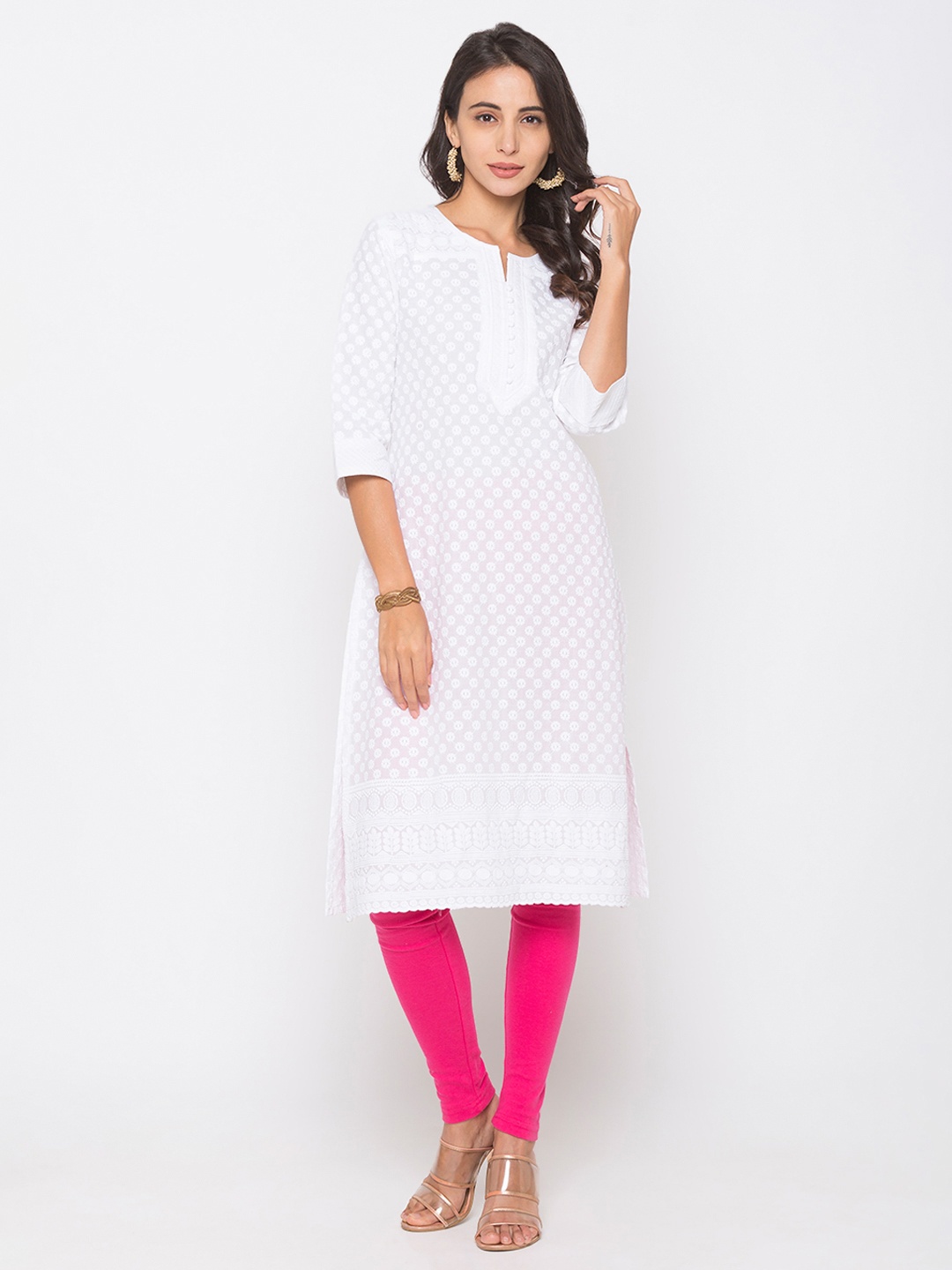 

ZOLA Women White Cotton Hand Floral Chikankari Embroidered Straight Kurta