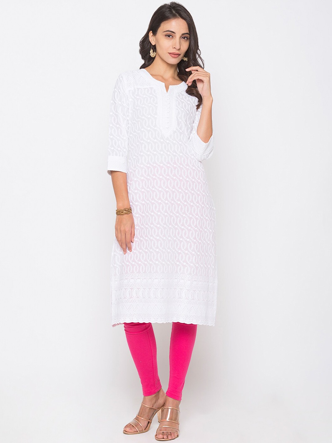 

ZOLA Women Cotton Hand Floral Chikankari Embroidered Straight Kurta, White