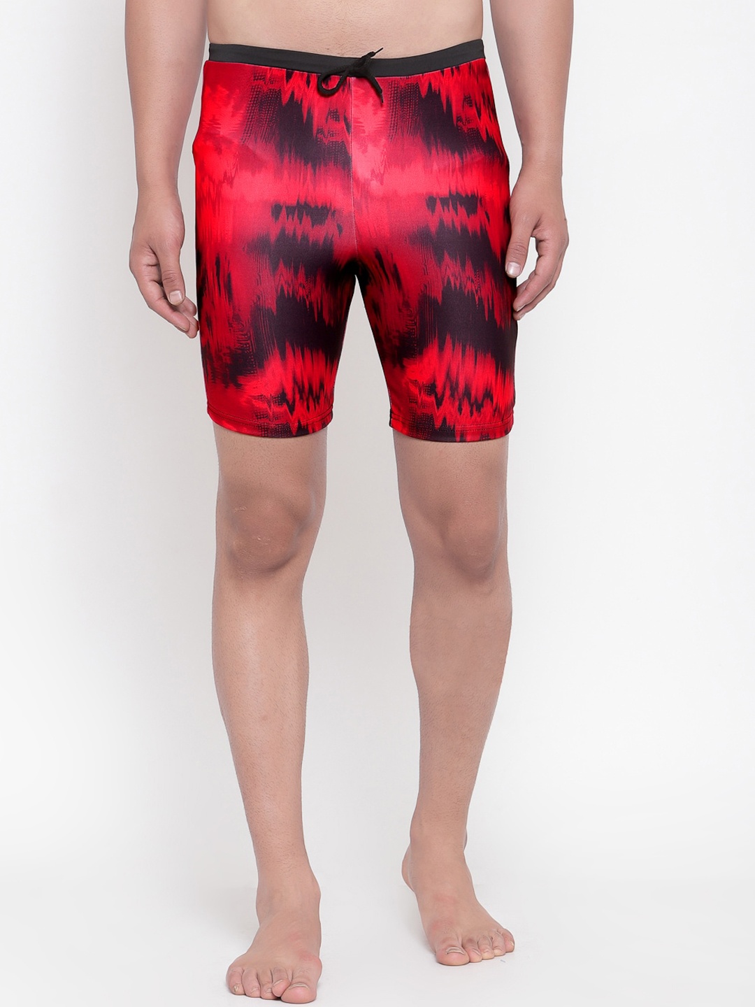 

CUKOO Men Red & Black Printed Comfort-Fit Swim Bottoms