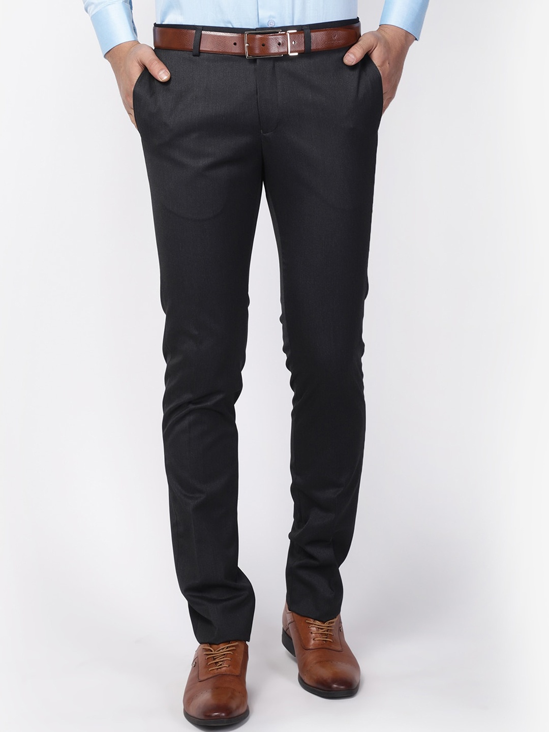 

Blackberrys Men Grey Textured Slim Fit Formal Trousers